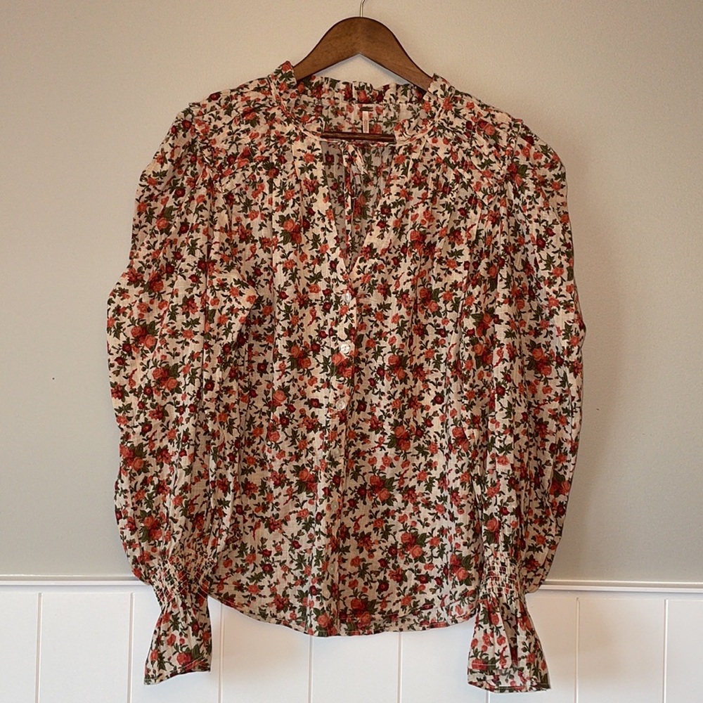 Free People Red and Green Floral Blouse
